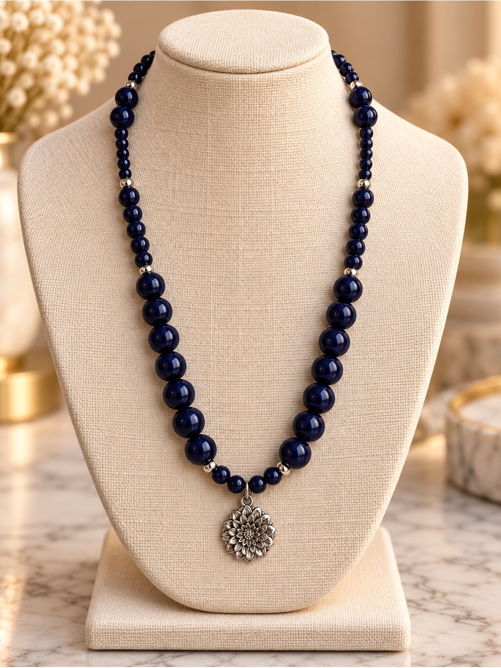 Classic Navy Glass Beaded Pendant Necklace